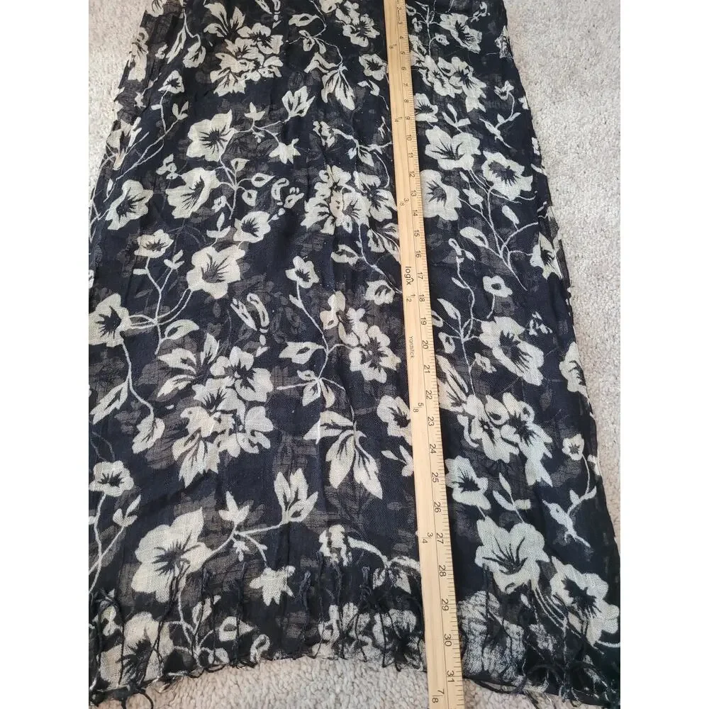 Black White Floral Fringe Scarf Lightweight Boho Wrap Layering Classic Fall